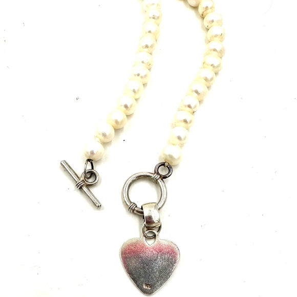 Genuine Pearl Necklace Sterling Silver Heart Pendant Toggle Clasp - Picture 7 of 11